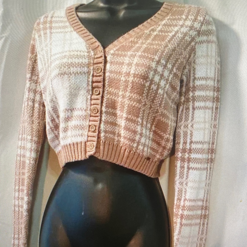 Hollister Cream and Tan Plaid Cardigan